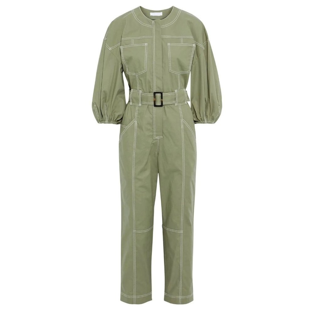 Jonathan Simkhai Olive Green Utility Jumpsuit with White Topstitching